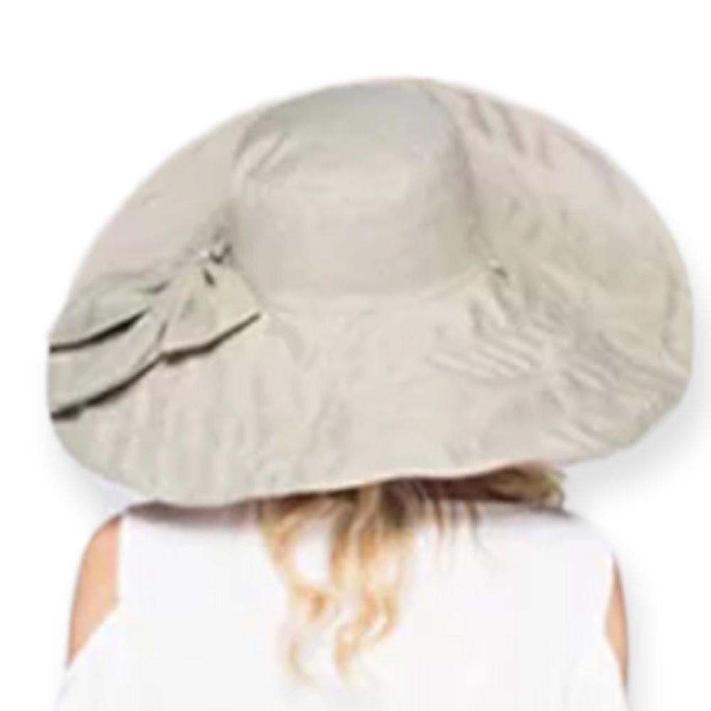 Tan Wide Brim Big Bow Portable Reversible Beach Summer Sun Hat - NEW - Picture 3 of 3